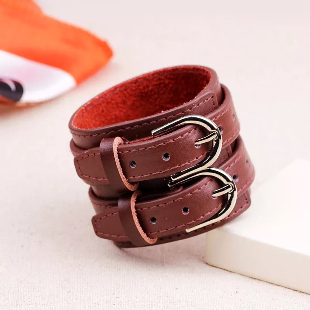 Fashion Double Belt Leather Cuff Bracelet - Picture 3 of 4